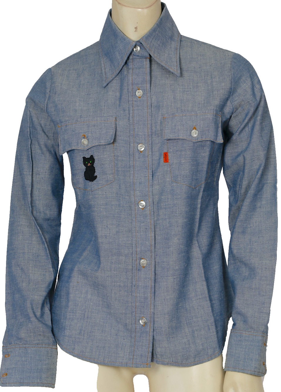 VTG 70s Levis Orange Tab Blue Chambray Dagger Collar Shirt Cat Embroidered XS